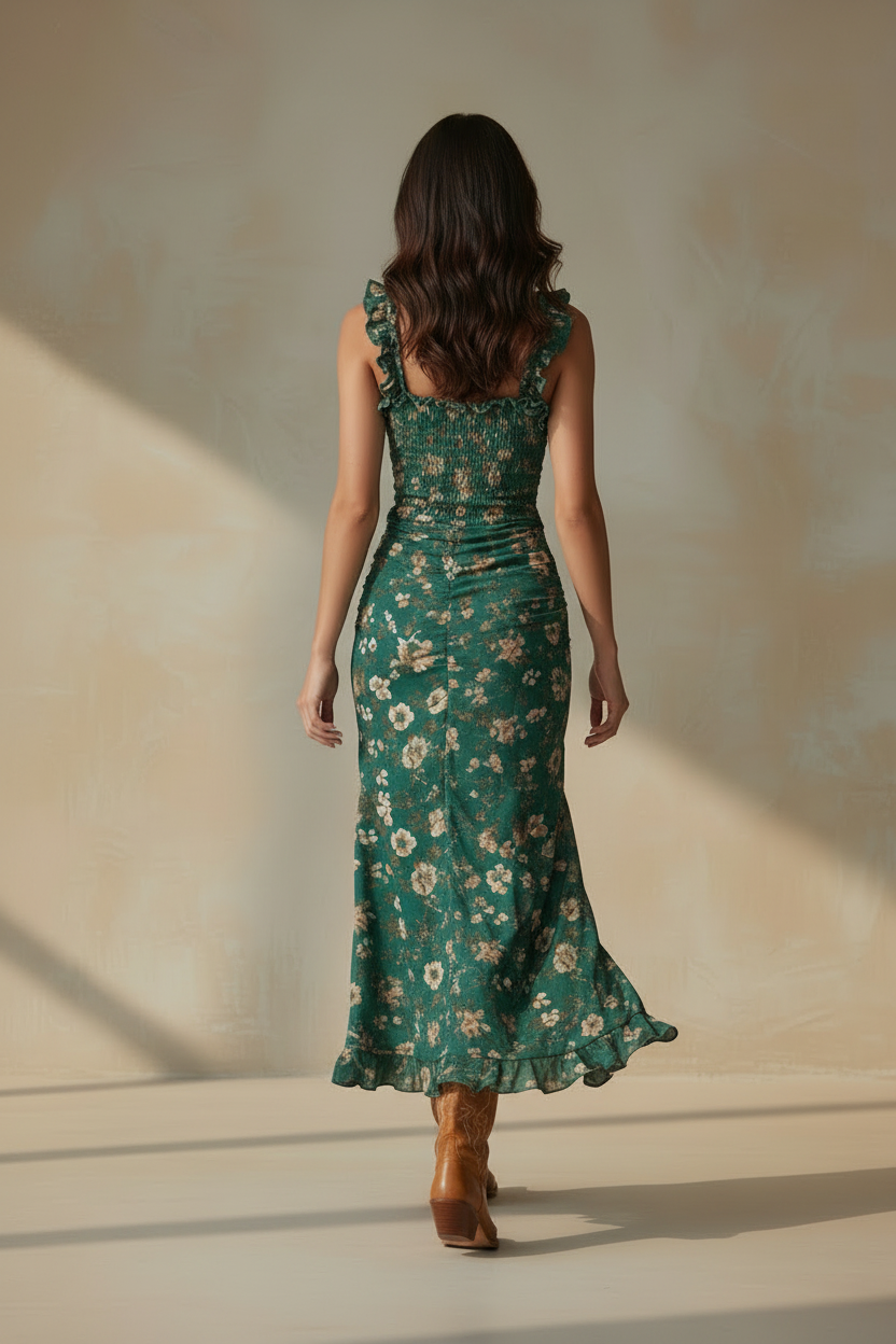 Vestido floral INÉS verde con tirantes en la espalda y falda larga con abertura.