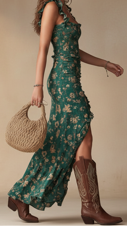 Vestido floral INÉS verde con tirantes y abertura frontal, falda con volantes.
